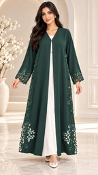 Emerald Floral Laser-Cut Open Abaya - AF1032