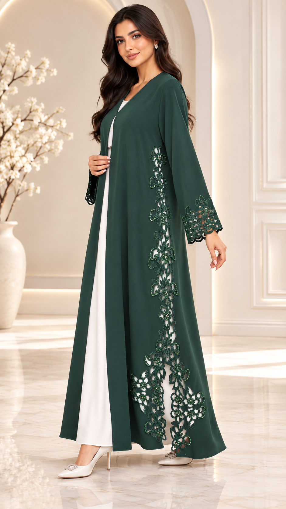 Emerald Floral Laser-Cut Open Abaya - AF1032