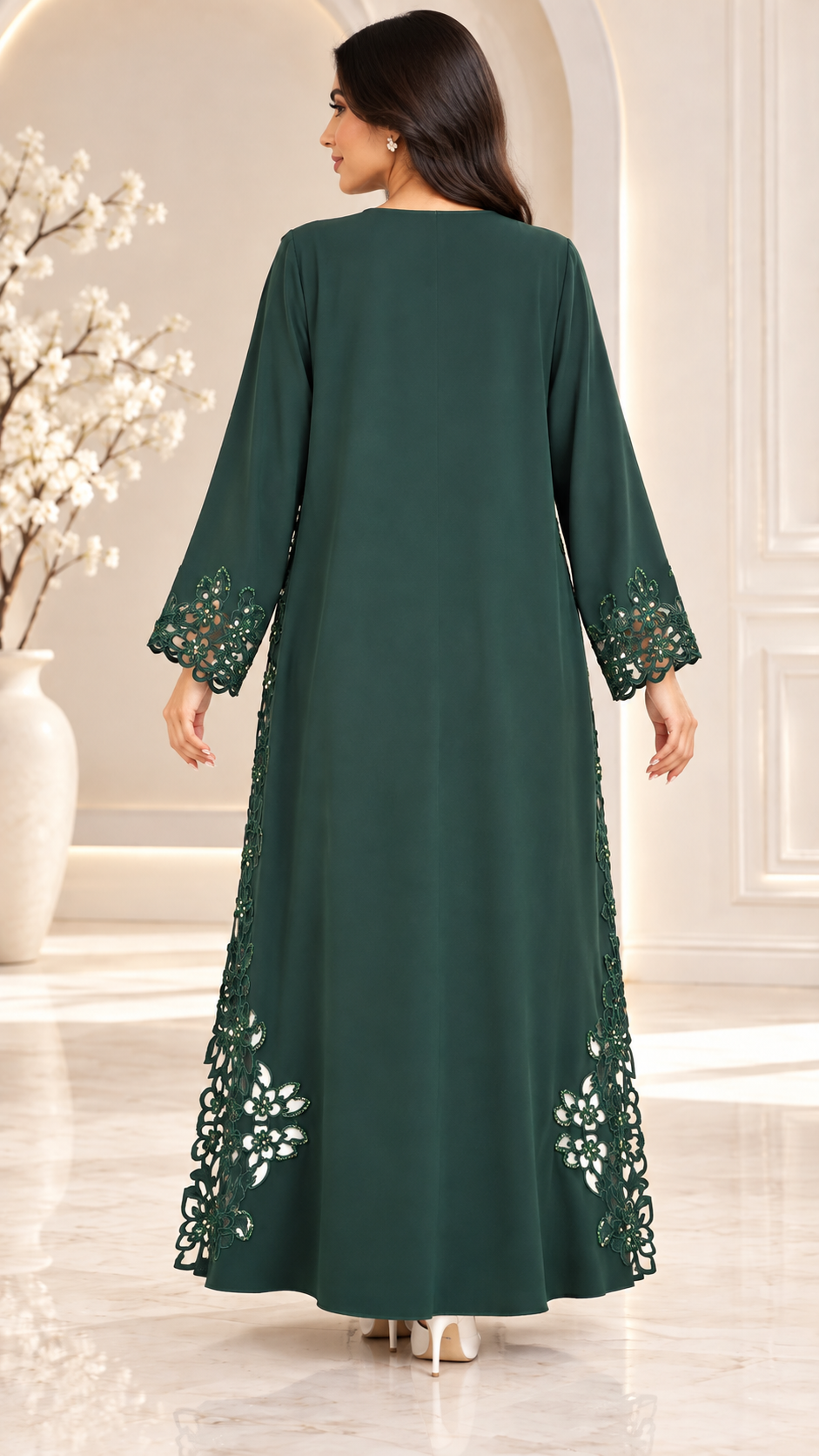 Emerald Floral Laser-Cut Open Abaya - AF1032