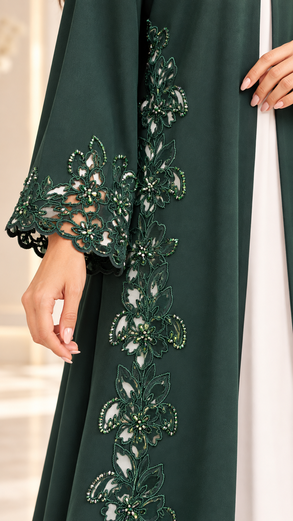 Emerald Floral Laser-Cut Open Abaya - AF1032