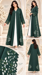 Emerald Floral Laser-Cut Open Abaya - AF1032
