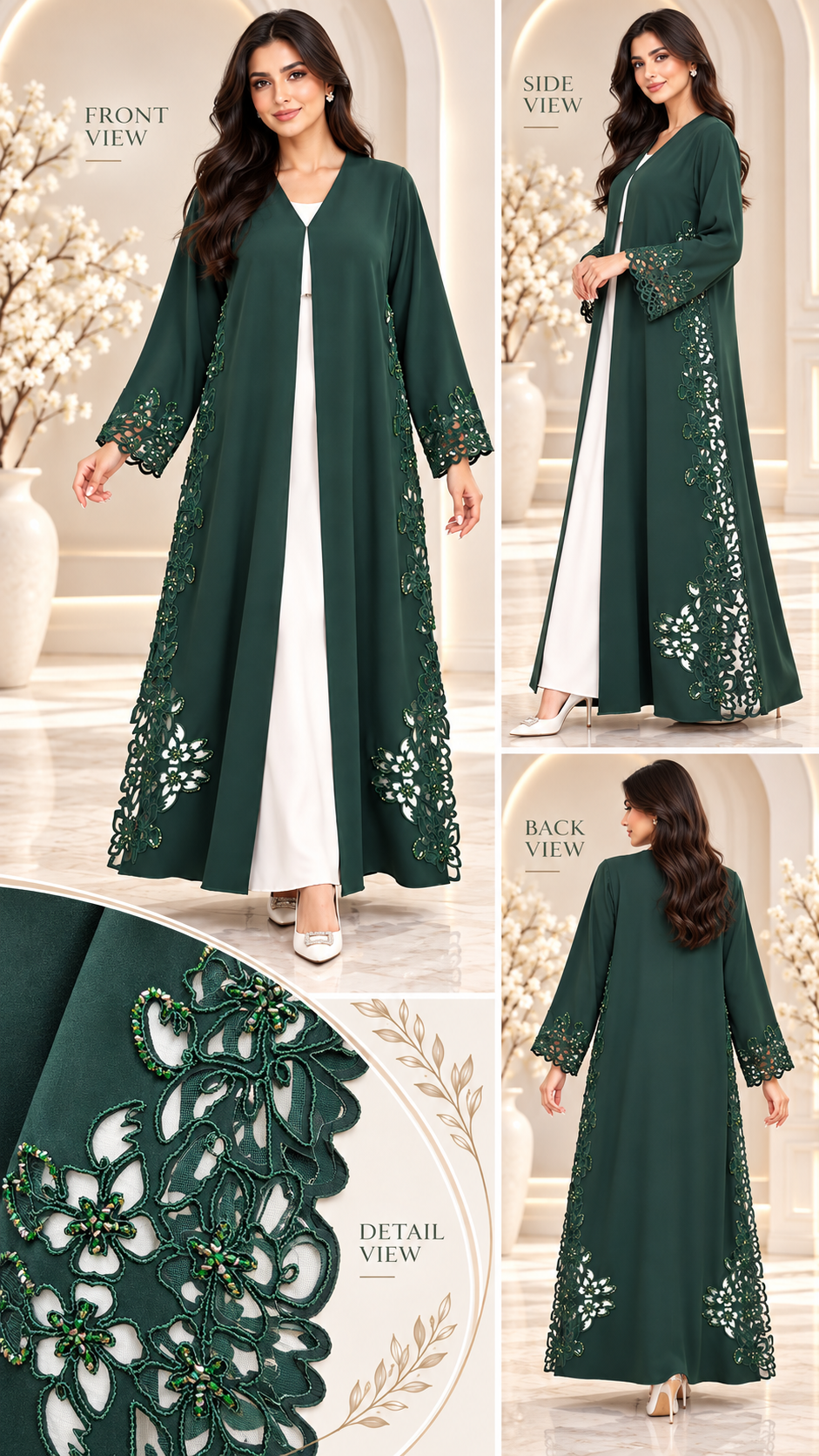 Emerald Floral Laser-Cut Open Abaya - AF1032