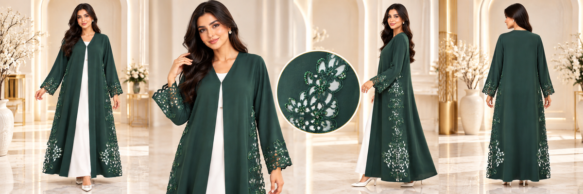 Emerald Floral Laser-Cut Open Abaya - AF1032