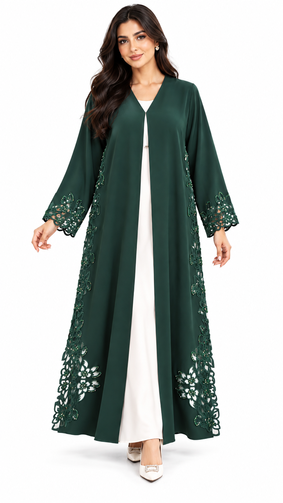 Emerald Floral Laser-Cut Open Abaya - AF1032
