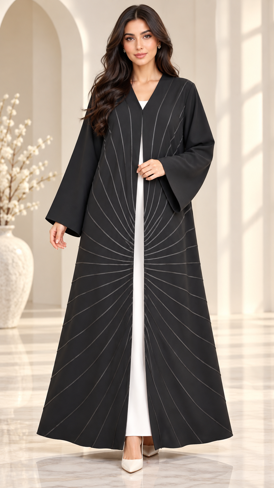 Silver Sunray Dori Black Open Abaya - AF1033