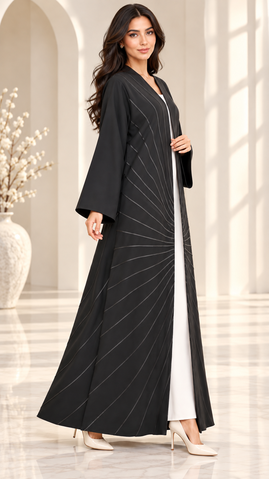 Silver Sunray Dori Black Open Abaya - AF1033