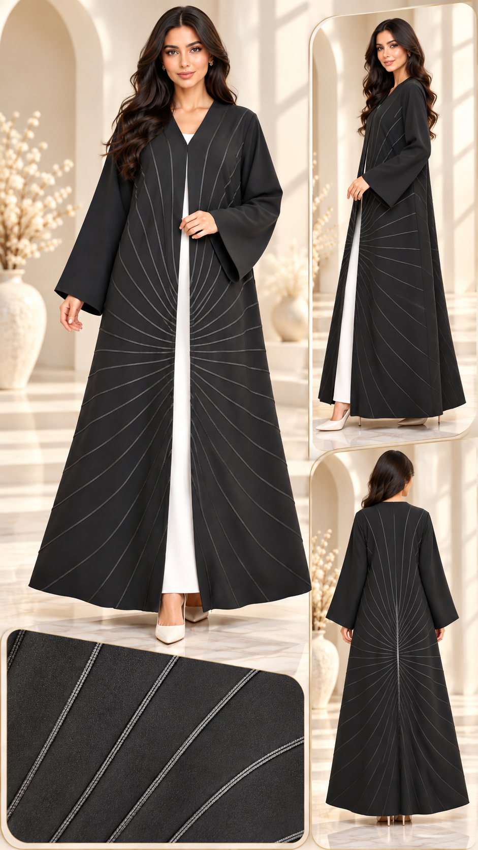 Silver Sunray Dori Black Open Abaya - AF1033