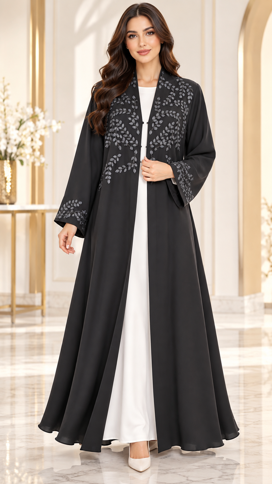 Handmade Ribbon Leaf Black Open Abaya - AF1034