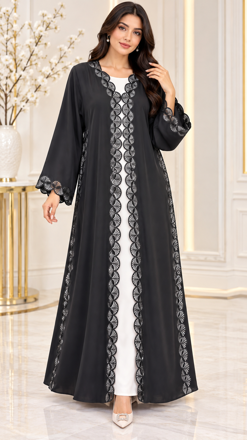 Circular Laser-Cut Beaded Black Open Abaya - AF1035