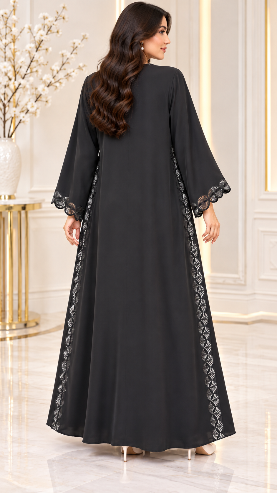 Circular Laser-Cut Beaded Black Open Abaya - AF1035