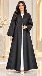 Tonal Paisley Kotte Dori Black Open Abaya - AF1036