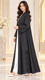 Tonal Paisley Kotte Dori Black Open Abaya - AF1036