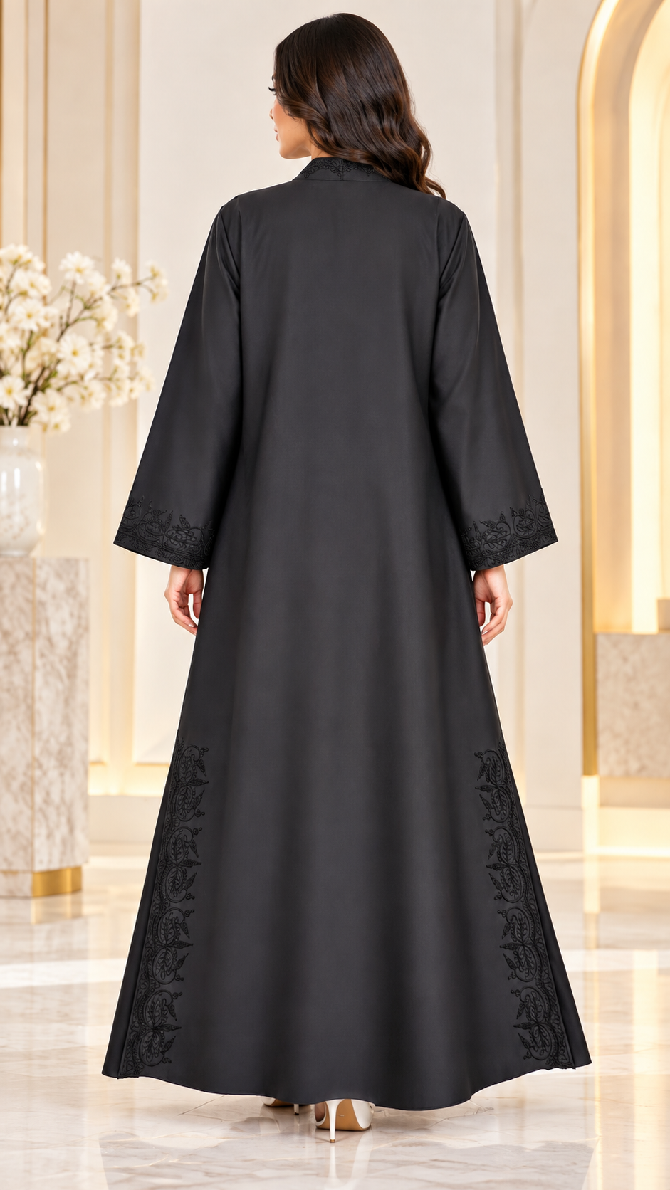 Tonal Paisley Kotte Dori Black Open Abaya - AF1036