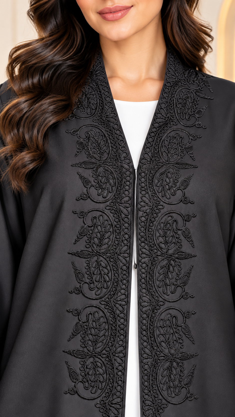 Tonal Paisley Kotte Dori Black Open Abaya - AF1036