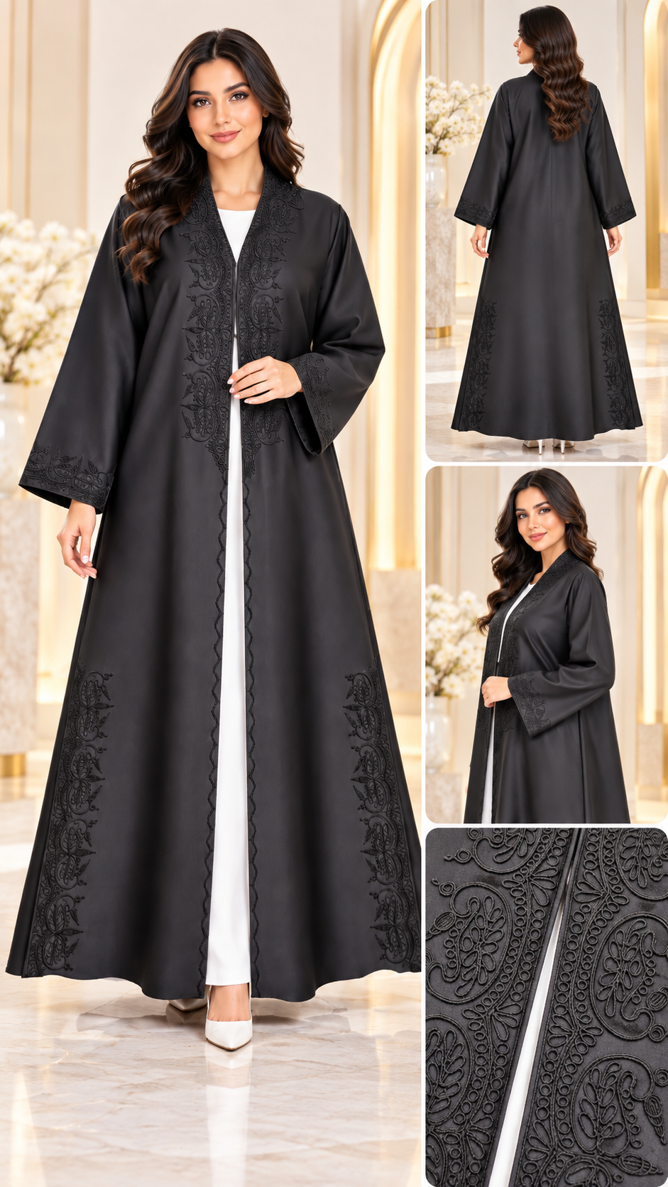 Tonal Paisley Kotte Dori Black Open Abaya - AF1036