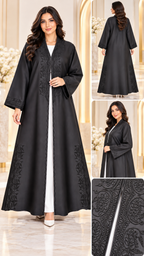 Tonal Paisley Kotte Dori Black Open Abaya - AF1036