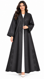 Tonal Paisley Kotte Dori Black Open Abaya - AF1036