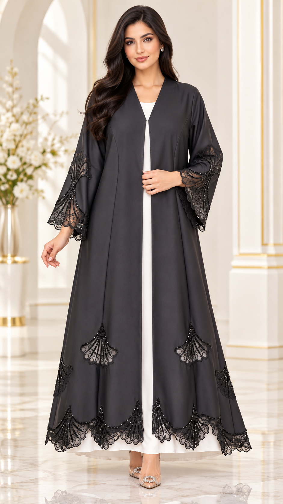 Scalloped Fan Dantel Beaded Black Open Abaya - AF1037