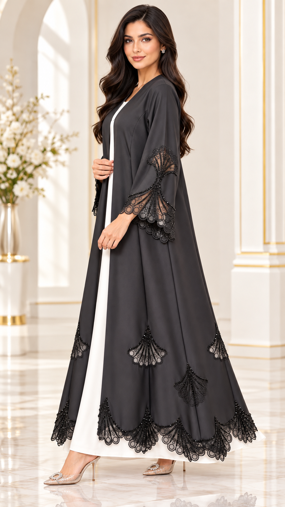 Scalloped Fan Dantel Beaded Black Open Abaya - AF1037
