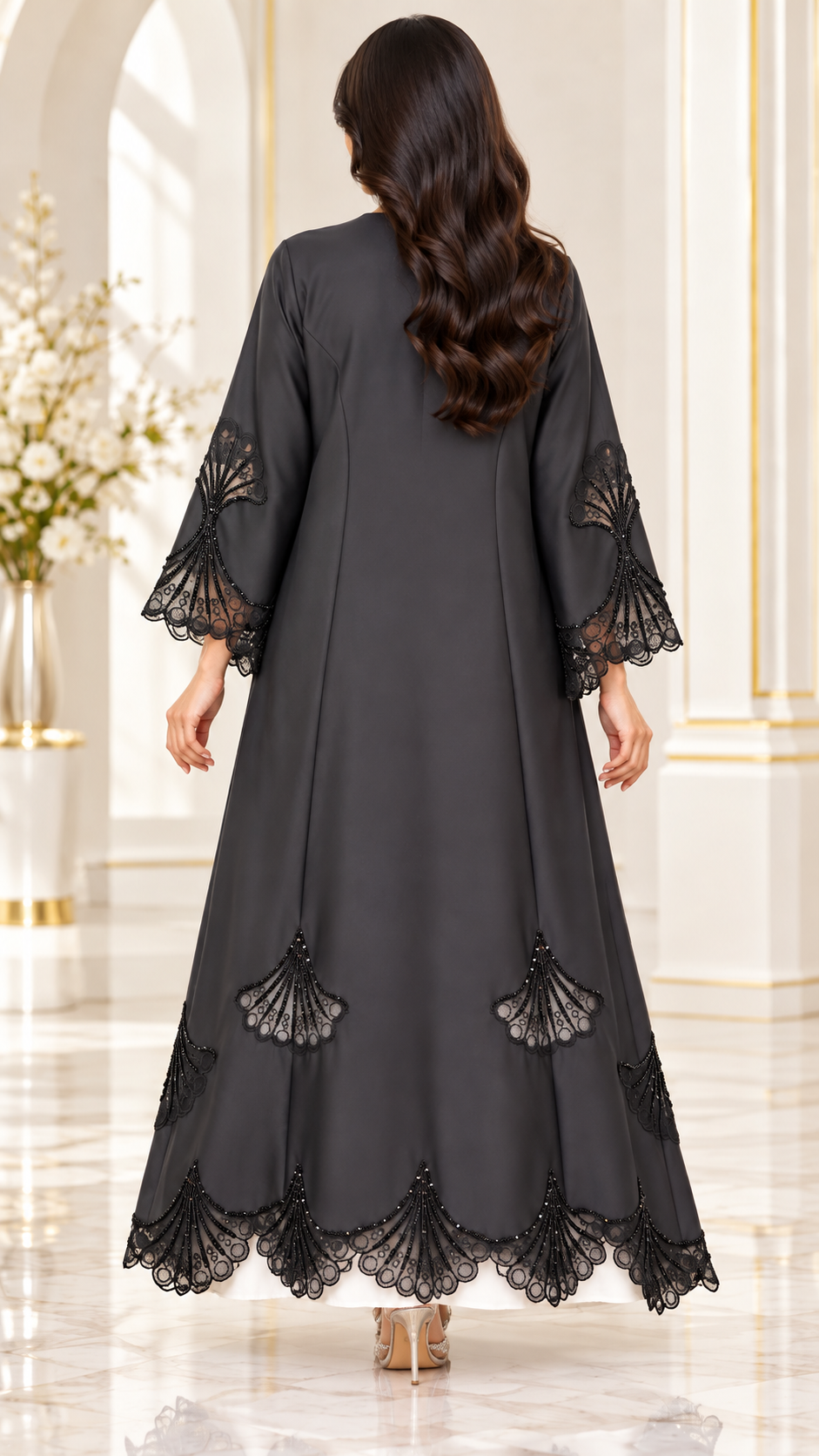 Scalloped Fan Dantel Beaded Black Open Abaya - AF1037
