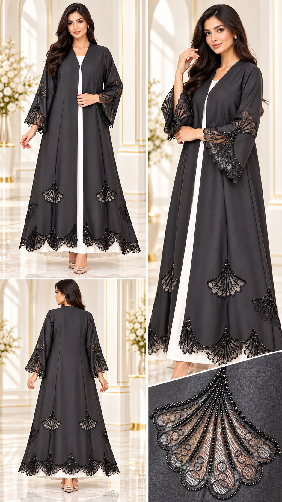 Scalloped Fan Dantel Beaded Black Open Abaya - AF1037