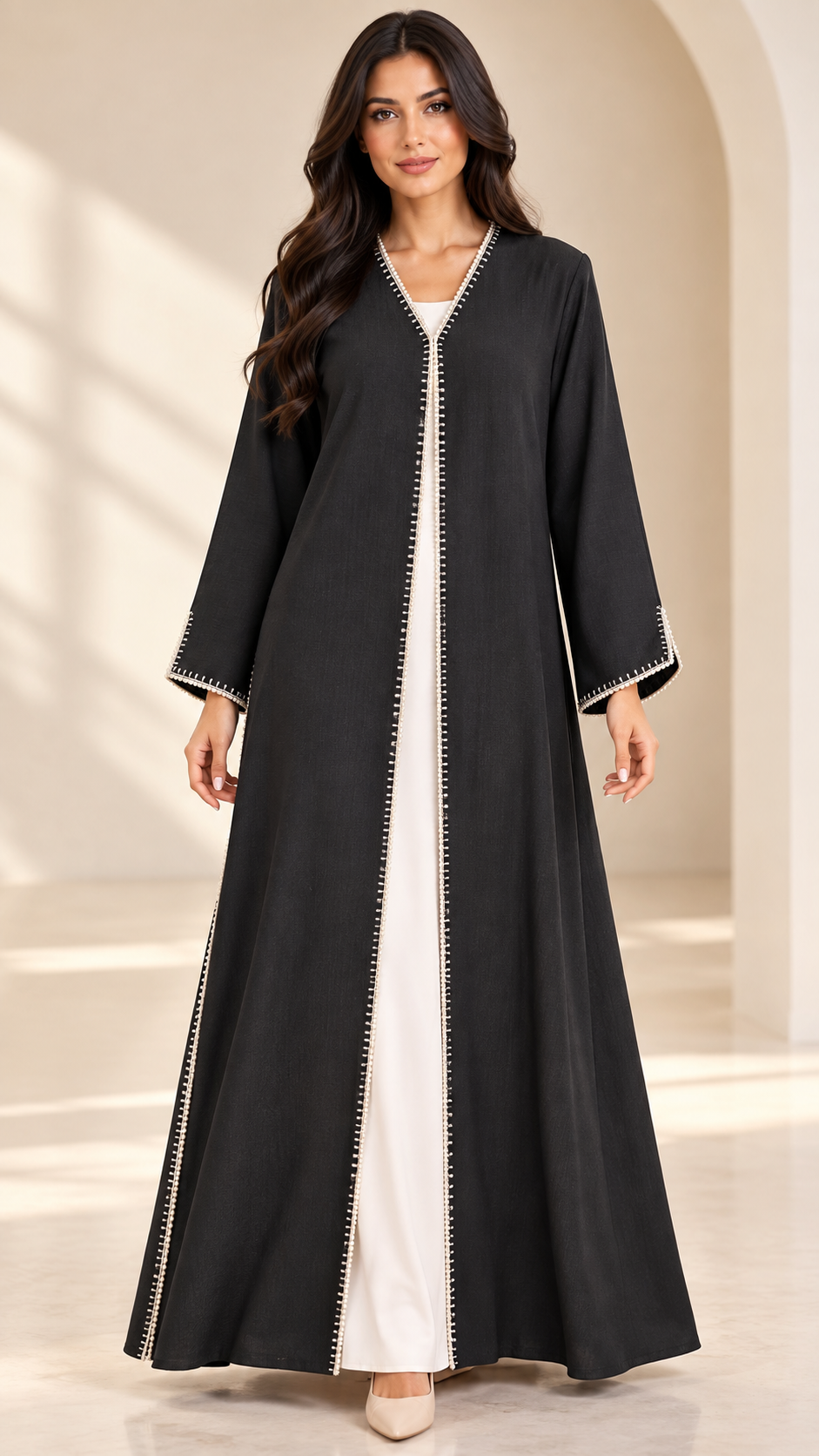 Beaded Lace-Trim Black Open Abaya - AF1038