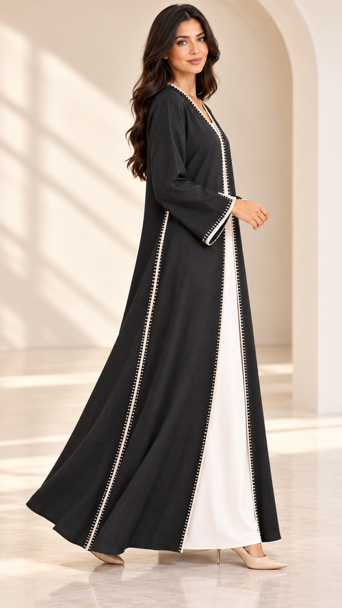 Beaded Lace-Trim Black Open Abaya - AF1038