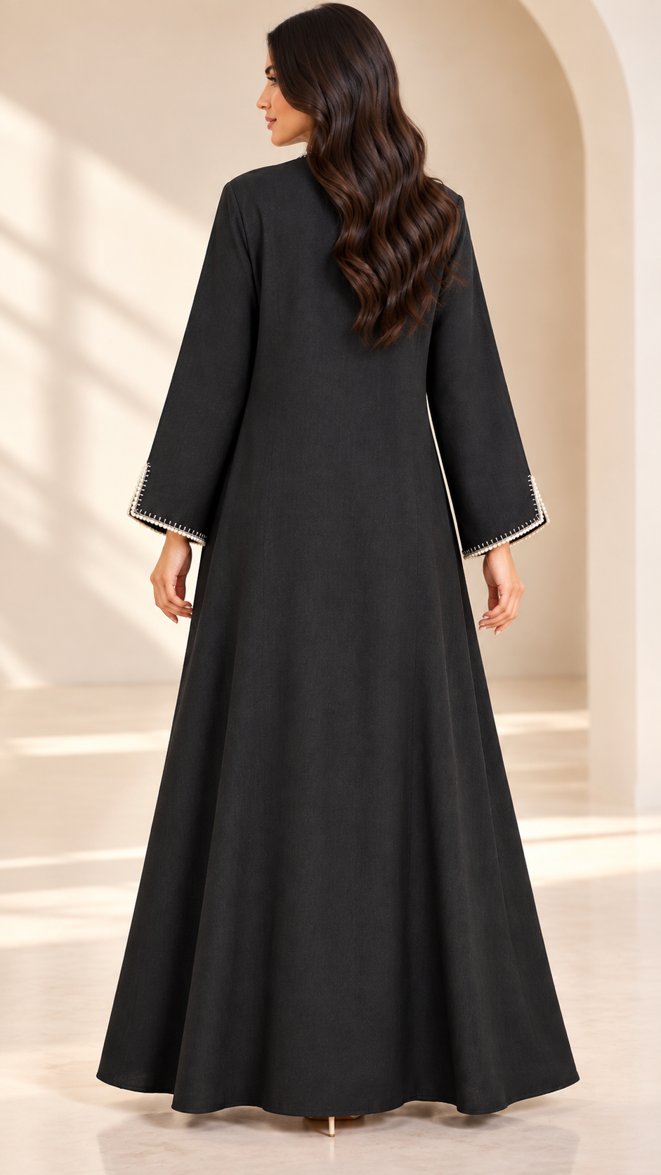 Beaded Lace-Trim Black Open Abaya - AF1038
