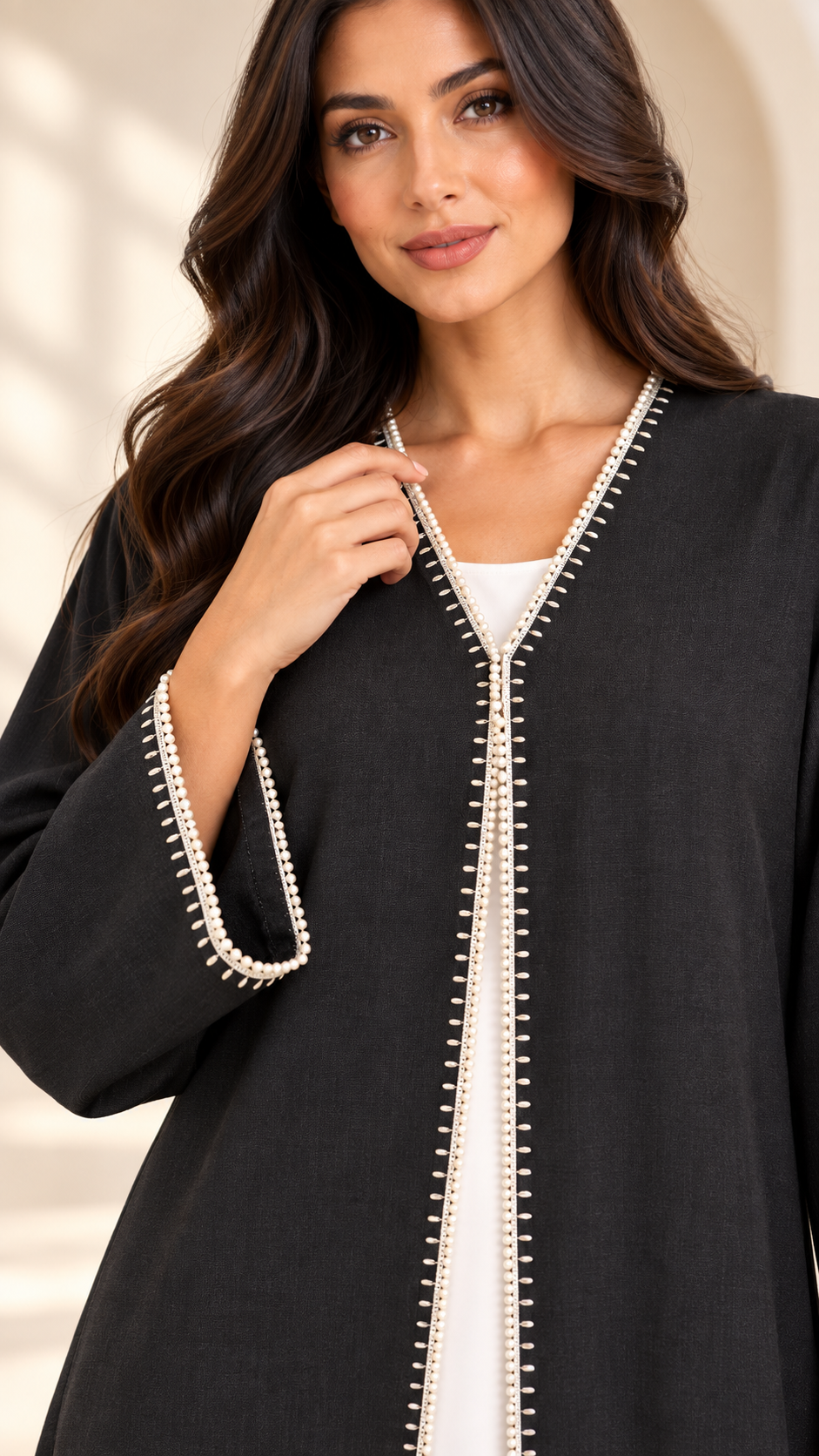 Beaded Lace-Trim Black Open Abaya - AF1038