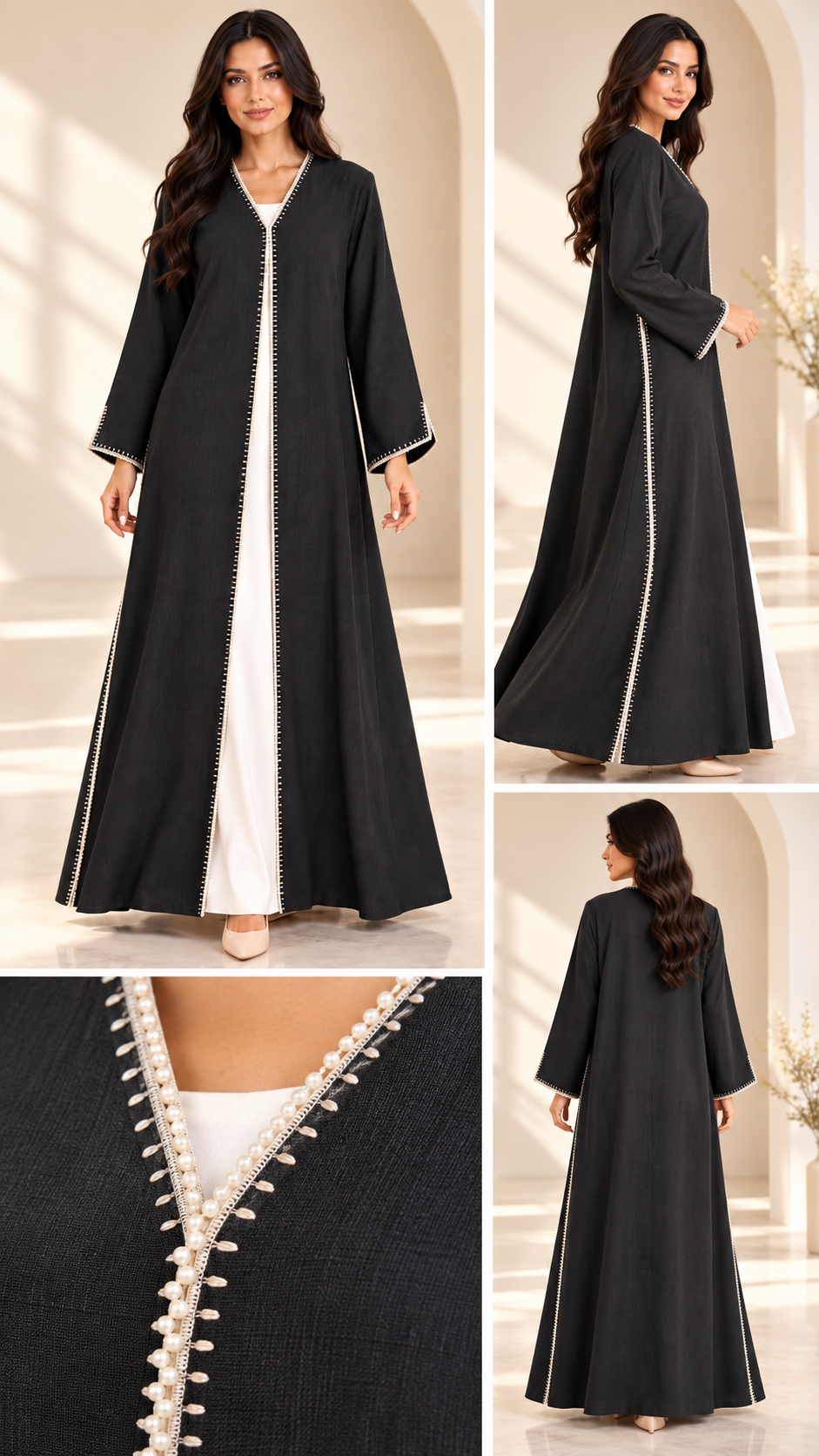 Beaded Lace-Trim Black Open Abaya - AF1038