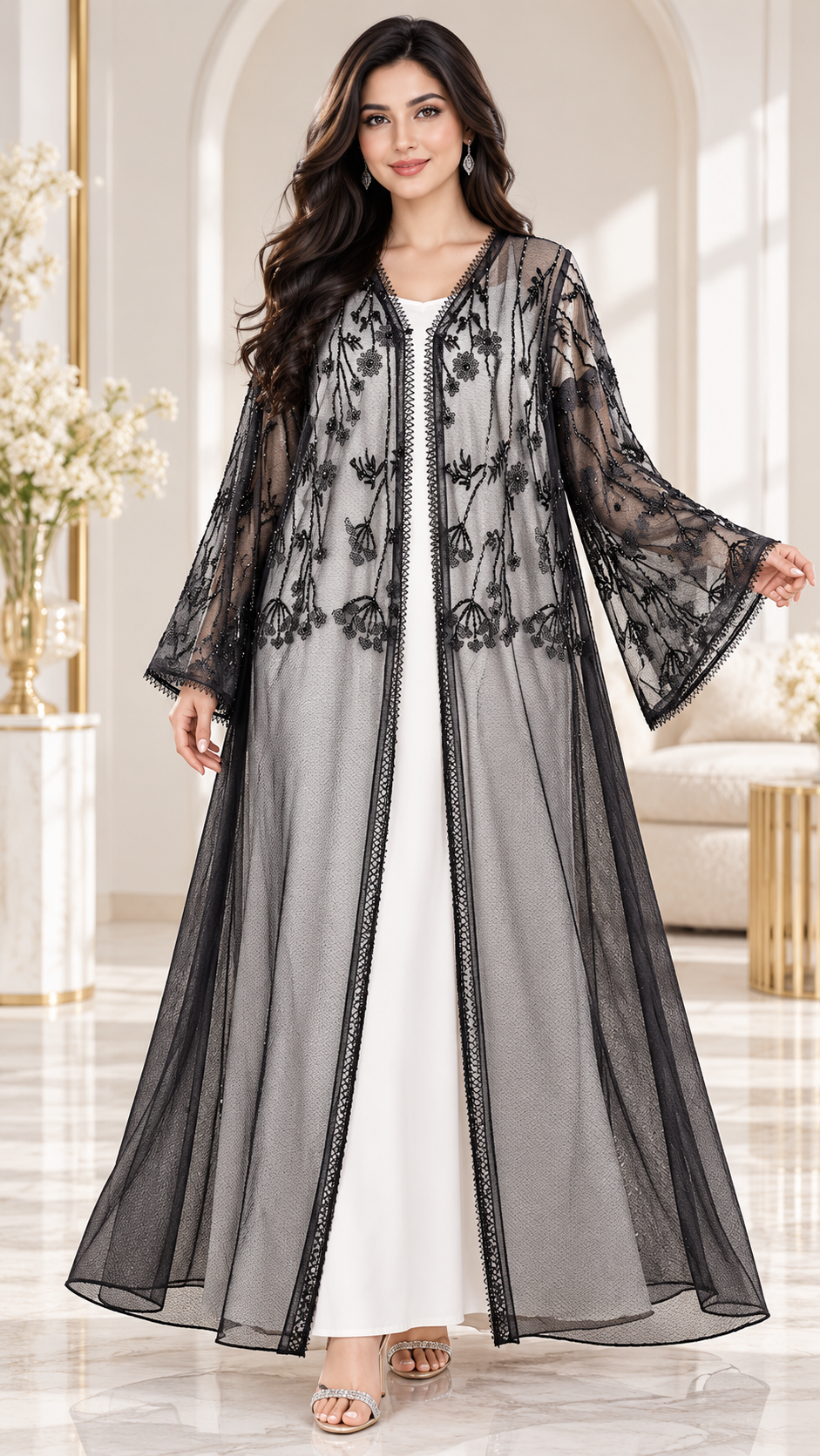 Sheer Floral Embellished Black Open Abaya - AF1039 - Black - View 1