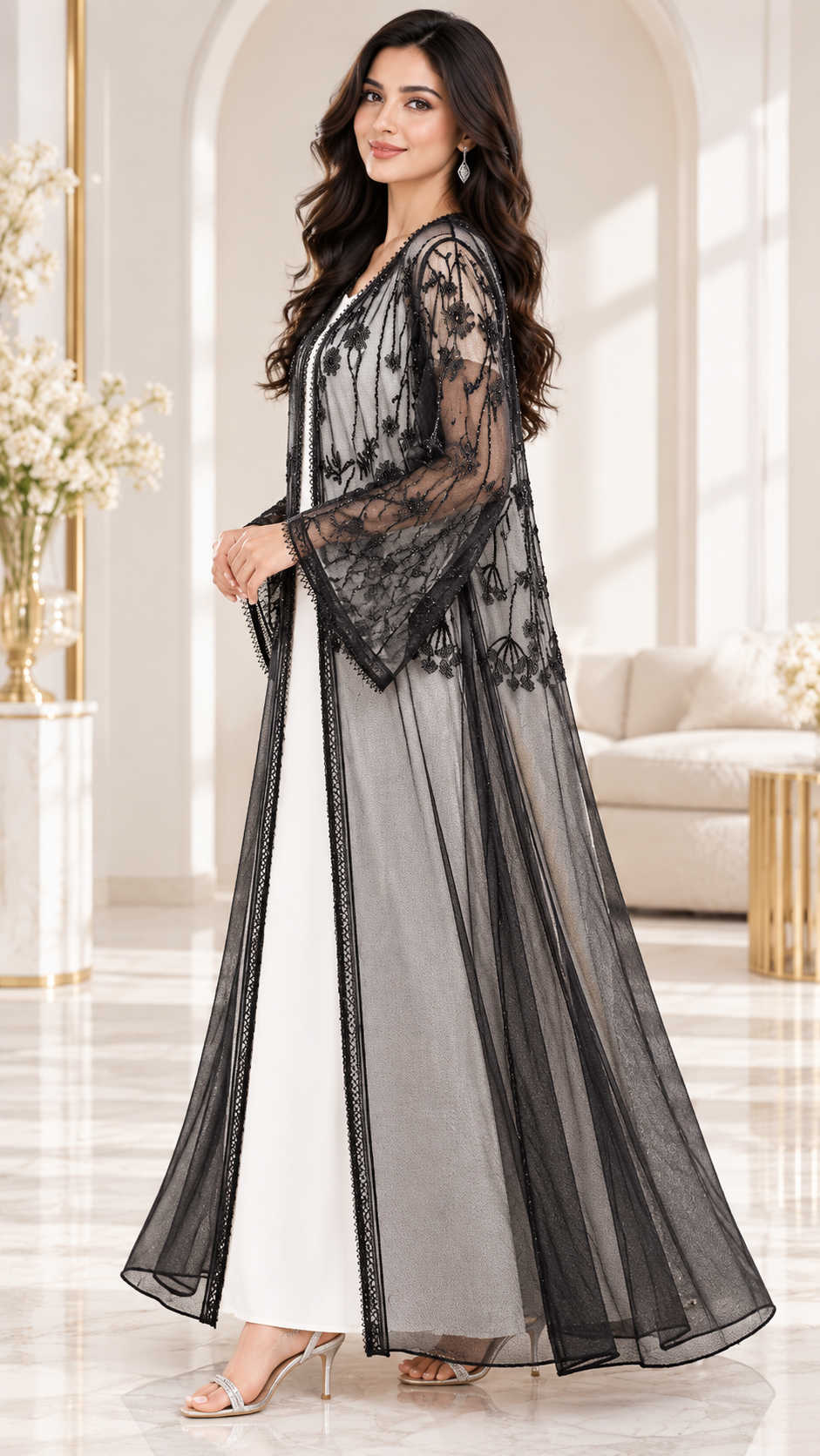Sheer Floral Embellished Black Open Abaya - AF1039 - Black - View 2