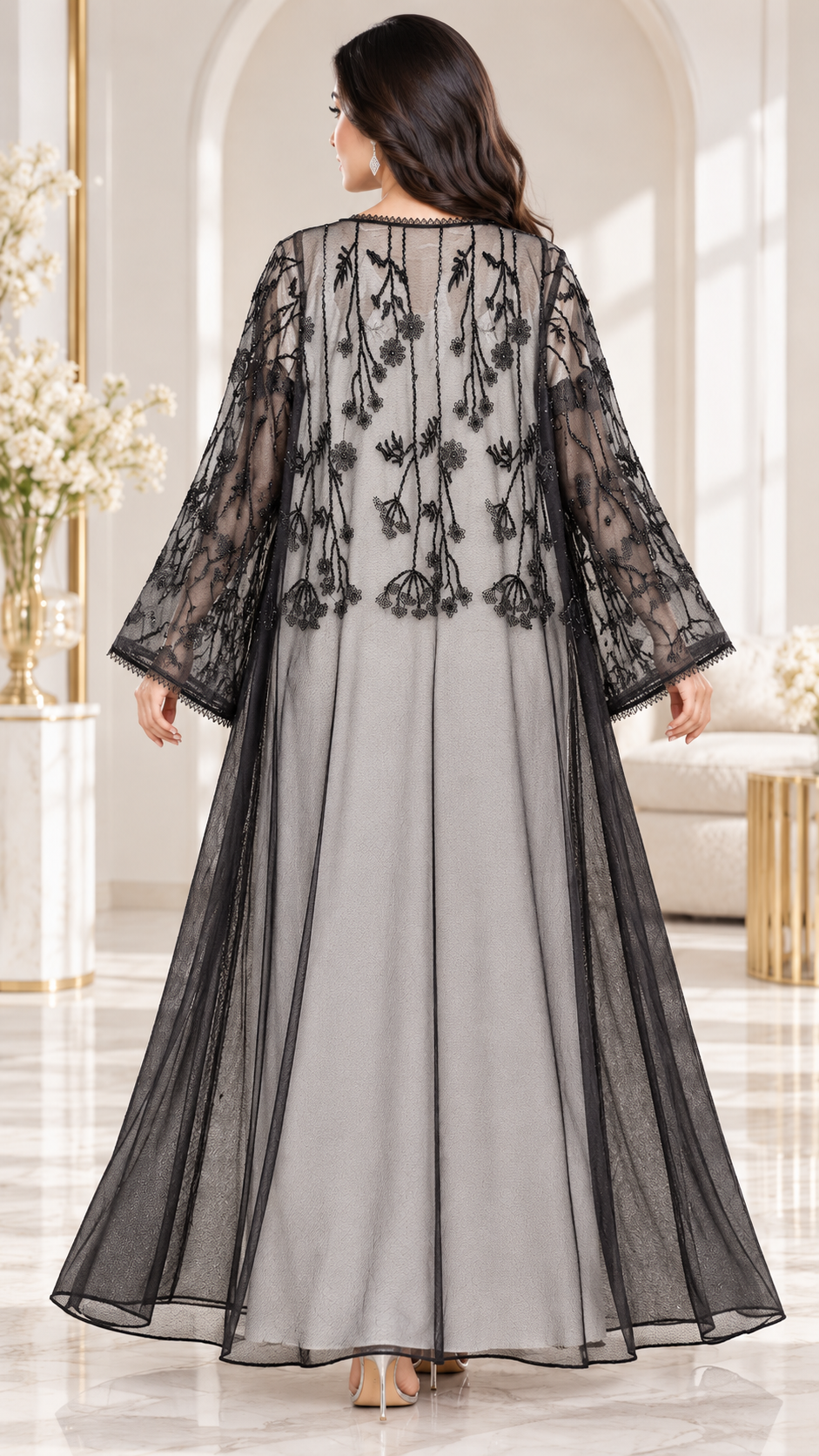 Sheer Floral Embellished Black Open Abaya - AF1039 - Black - View 3