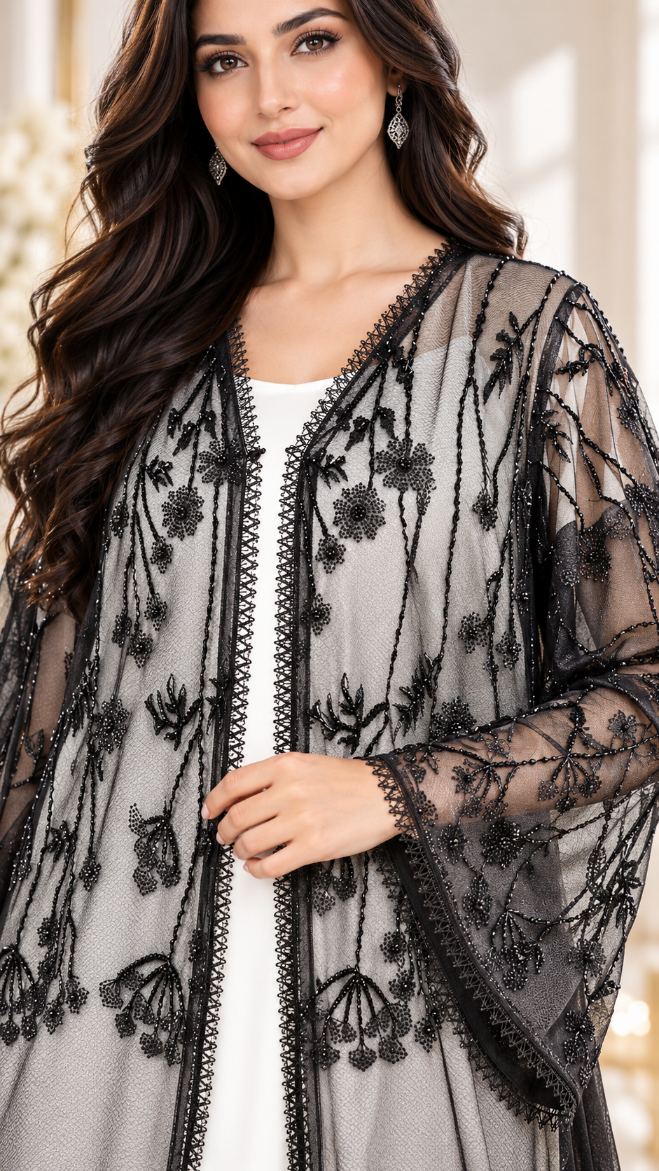 Sheer Floral Embellished Black Open Abaya - AF1039 - Black - View 4