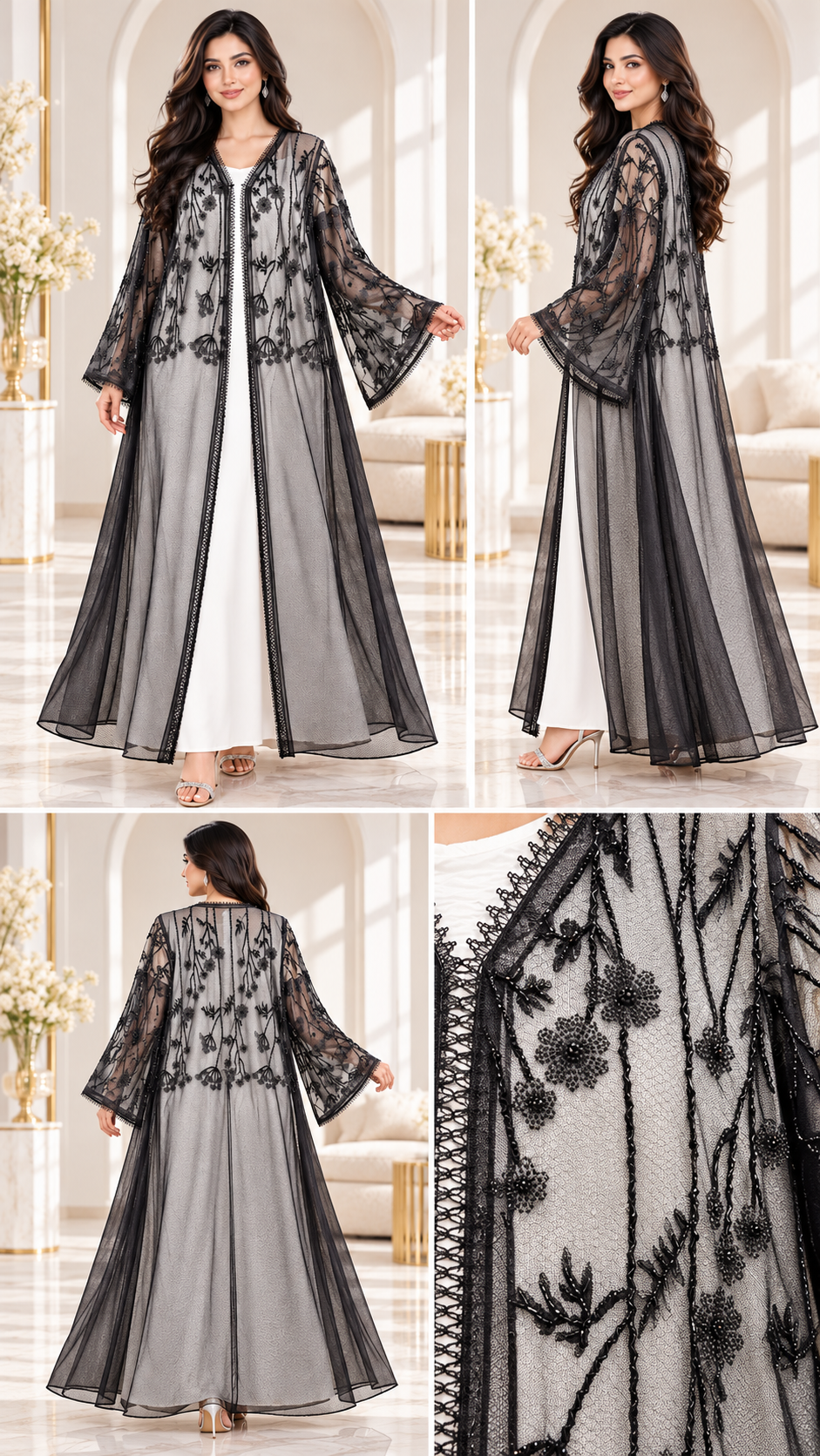 Sheer Floral Embellished Black Open Abaya - AF1039 - Black - View 5