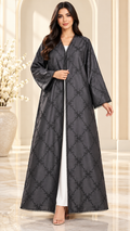Diamond Floral Embellished Black Open Abaya - AF1040 - Black - View 1