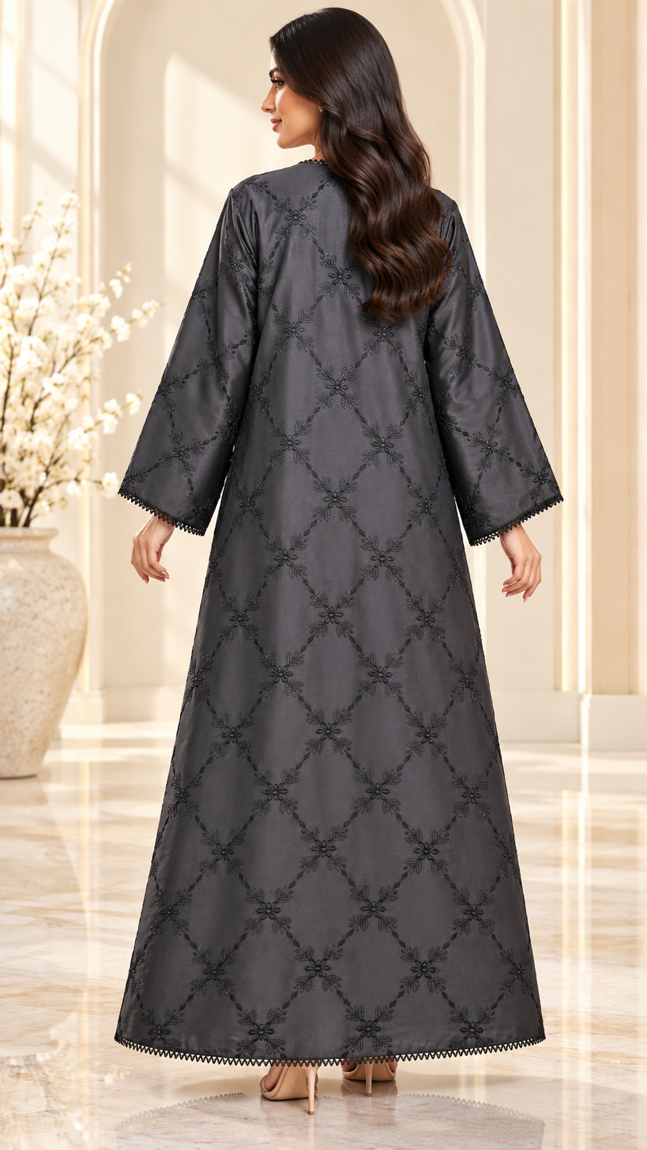 Diamond Floral Embellished Black Open Abaya - AF1040 - Black - View 3