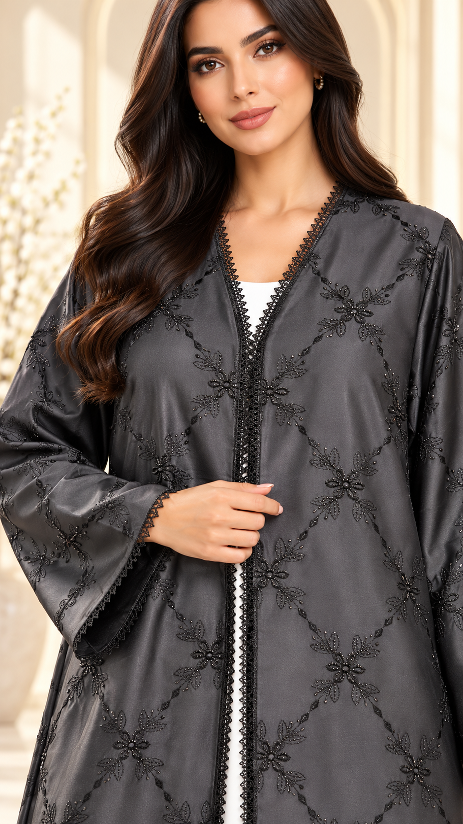 Diamond Floral Embellished Black Open Abaya - AF1040 - Black - View 4