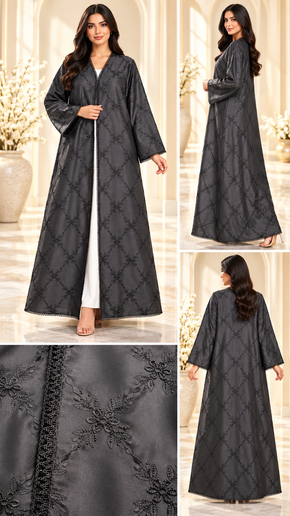 Diamond Floral Embellished Black Open Abaya - AF1040 - Black - View 5