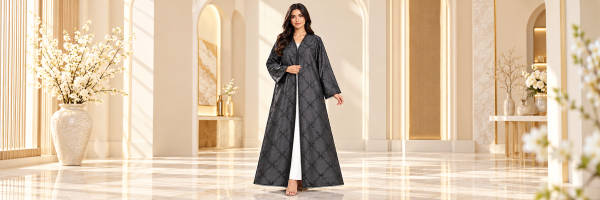 Diamond Floral Embellished Black Open Abaya - AF1040 - Black - View 6