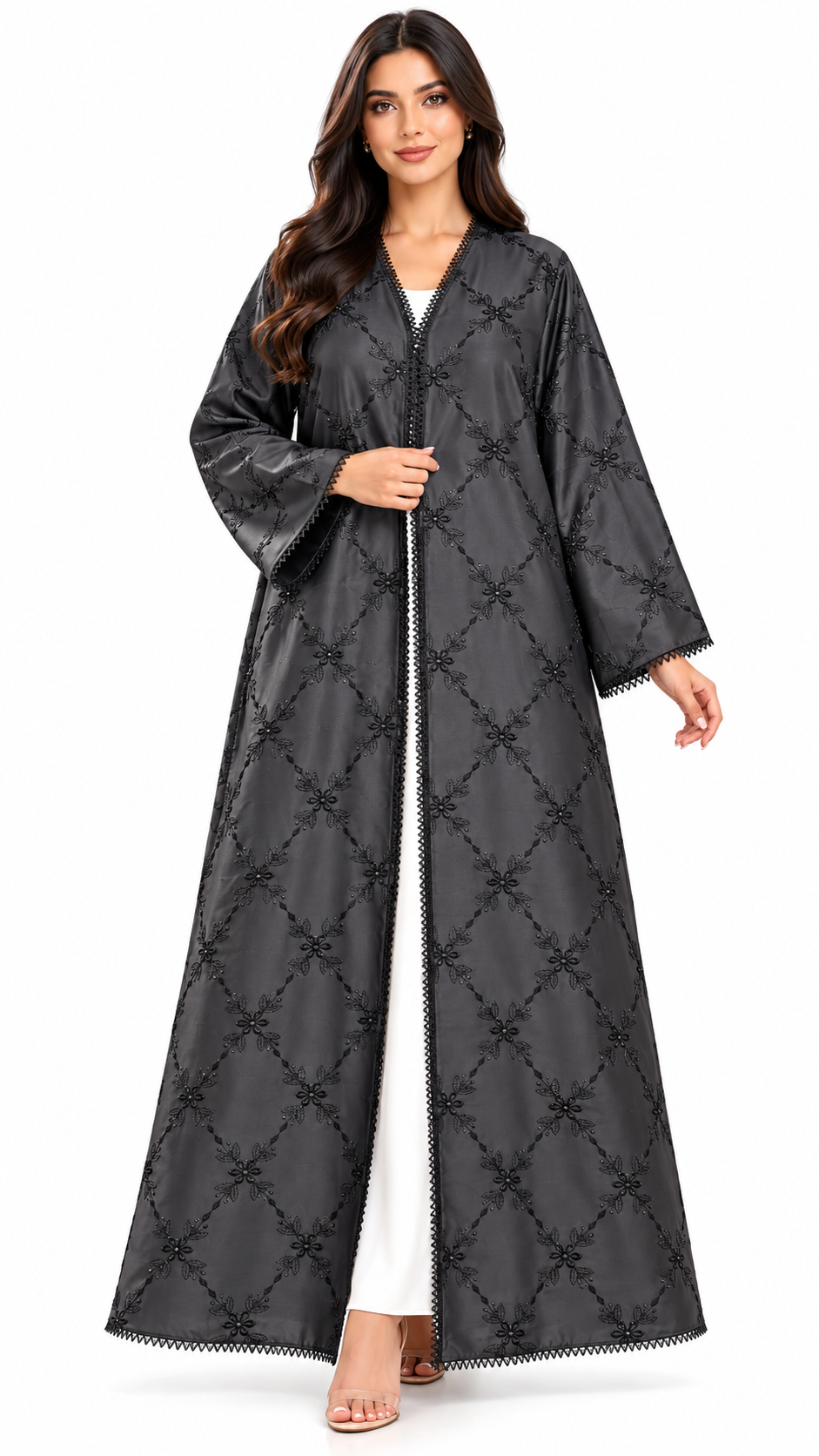Diamond Floral Embellished Black Open Abaya - AF1040 - Black - View 7