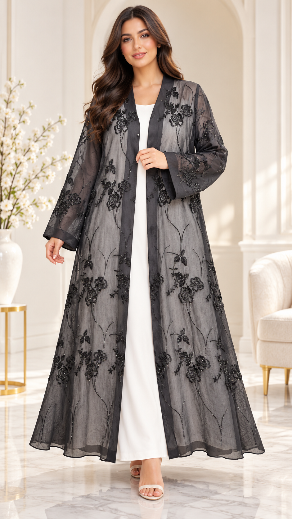 Sheer Rose Embroidered Black Open Abaya - AF1041 - Black - View 1