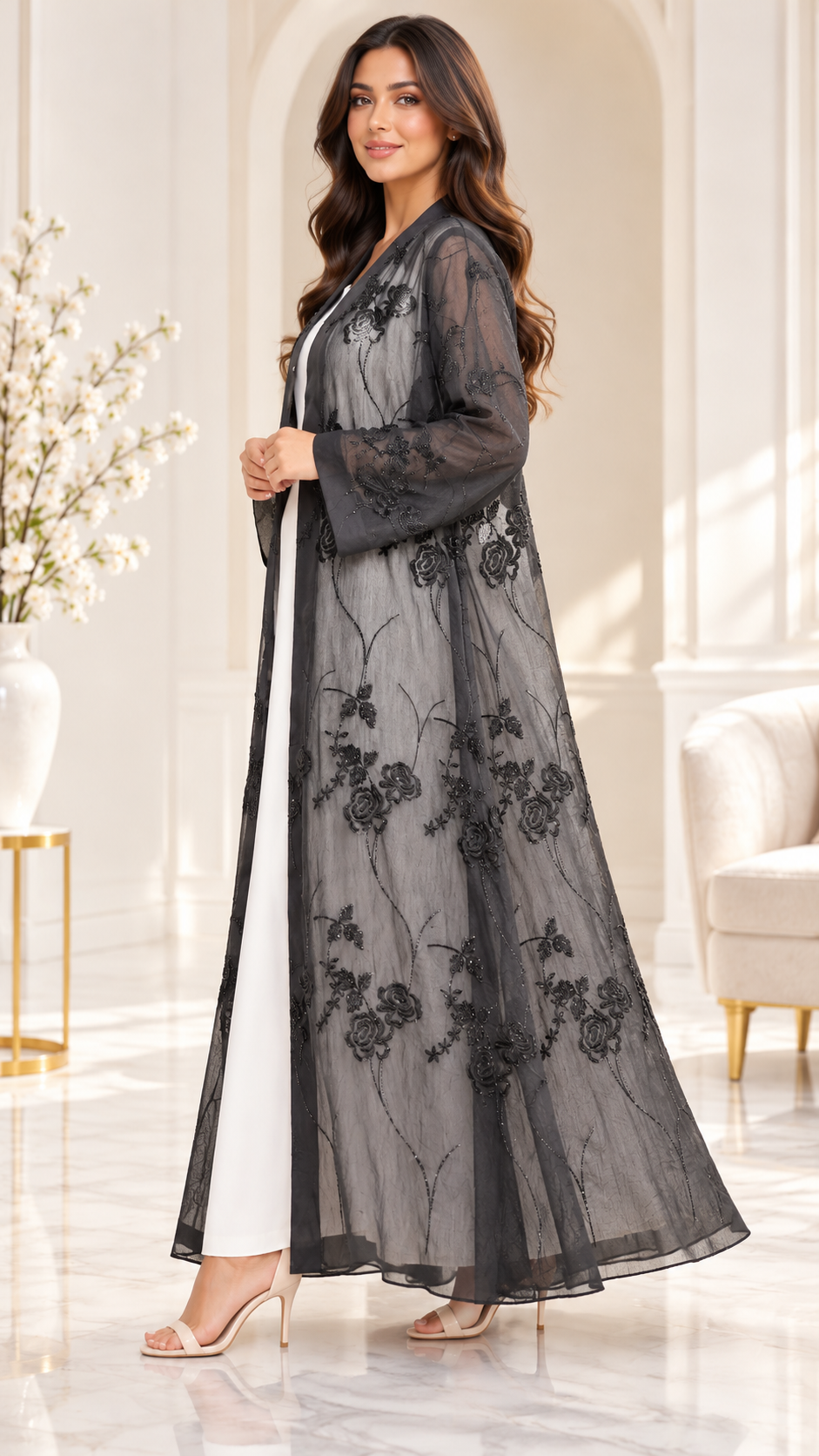 Sheer Rose Embroidered Black Open Abaya - AF1041 - Black - View 2