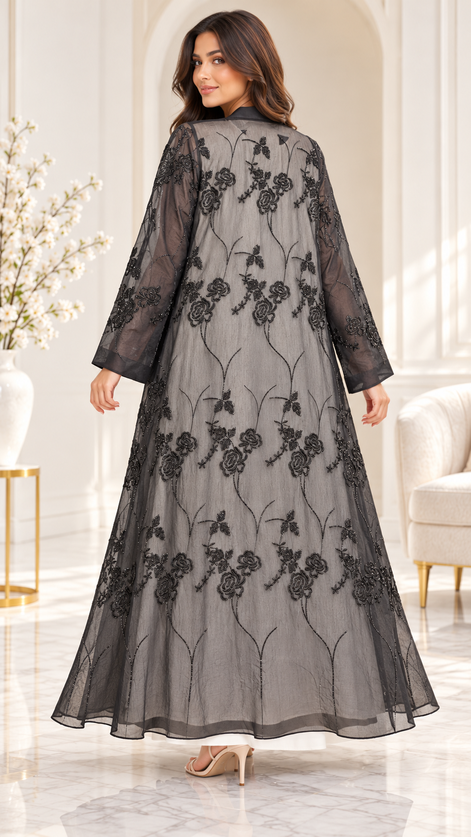 Sheer Rose Embroidered Black Open Abaya - AF1041 - Black - View 3