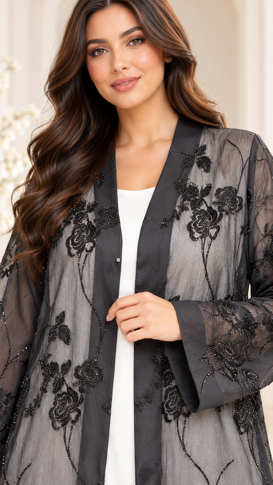 Sheer Rose Embroidered Black Open Abaya - AF1041 - Black - View 4