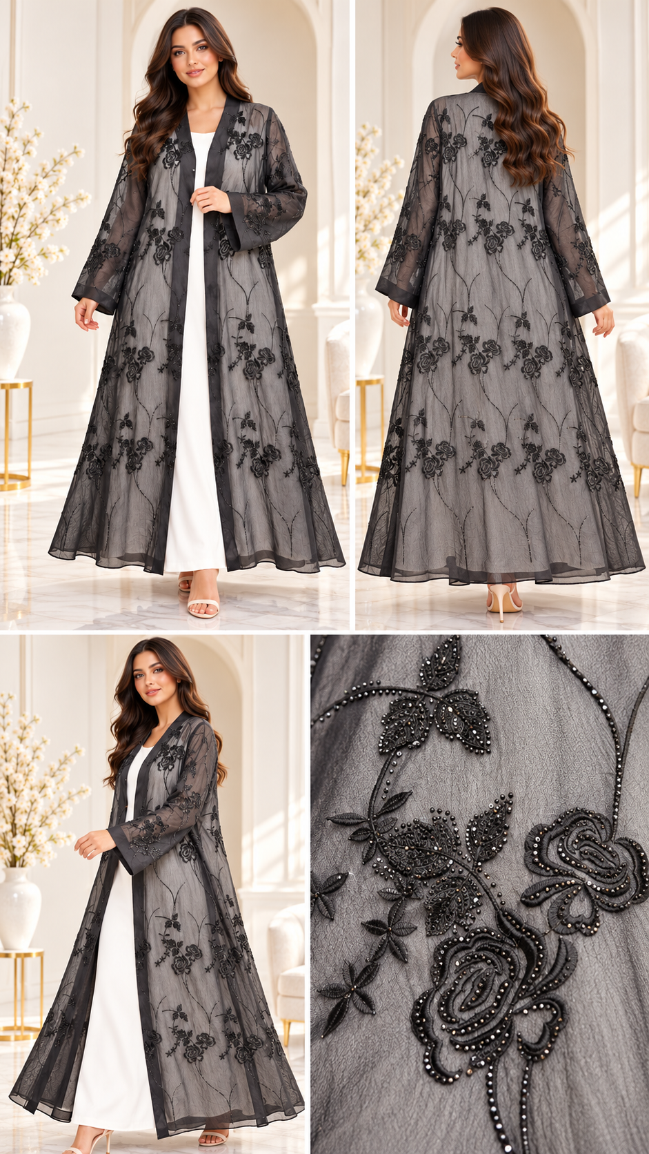 Sheer Rose Embroidered Black Open Abaya - AF1041 - Black - View 5