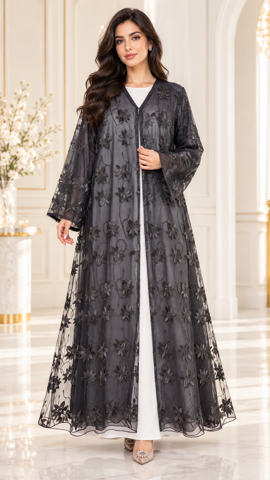 Sheer Floral Scalloped-Hem Black Open Abaya - AF1042 - Black - View 1