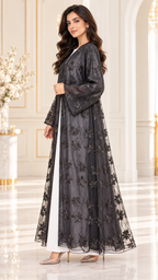 Sheer Floral Scalloped-Hem Black Open Abaya - AF1042 - Black - View 2