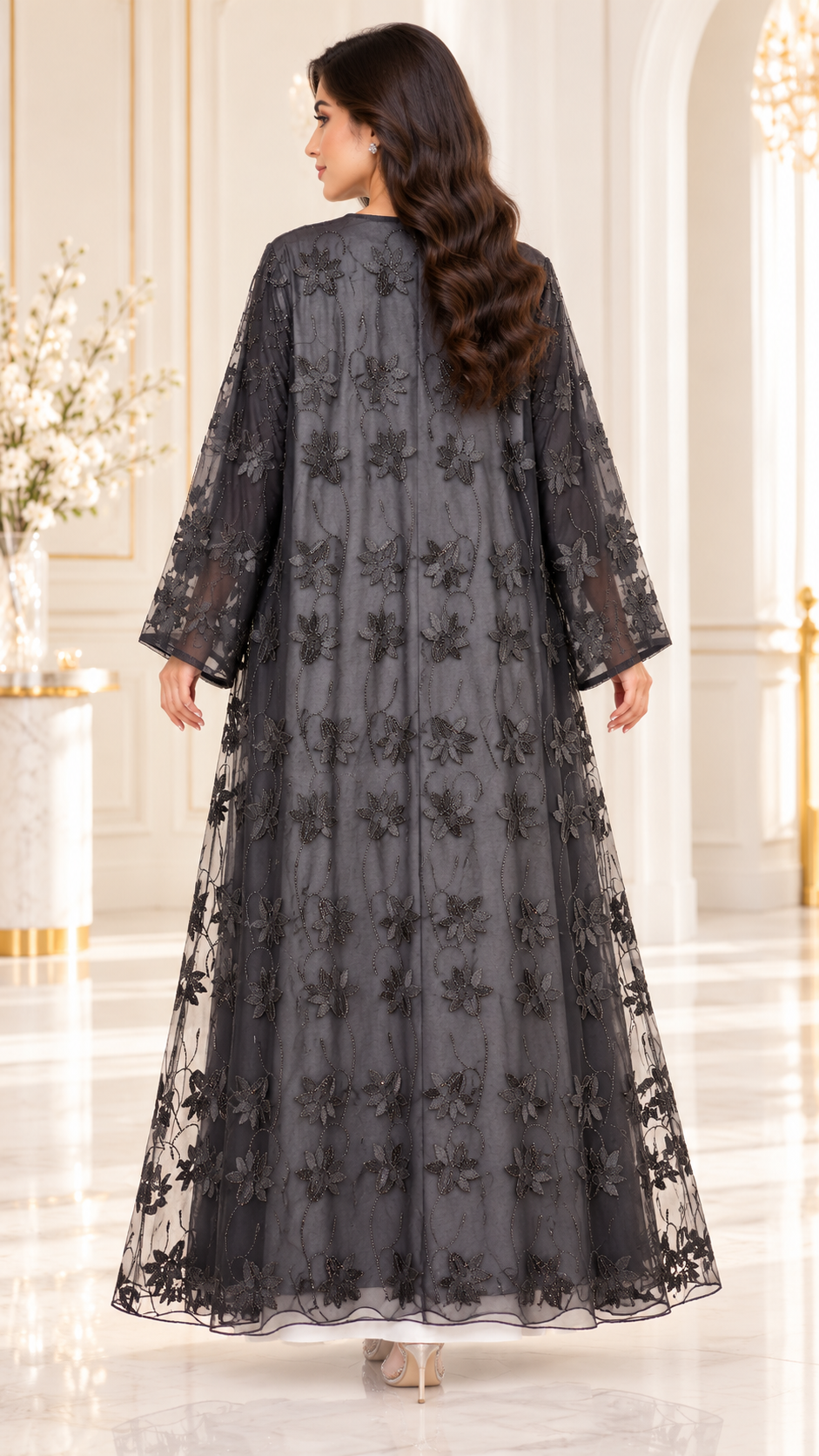Sheer Floral Scalloped-Hem Black Open Abaya - AF1042 - Black - View 3