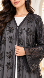 Sheer Floral Scalloped-Hem Black Open Abaya - AF1042 - Black - View 4
